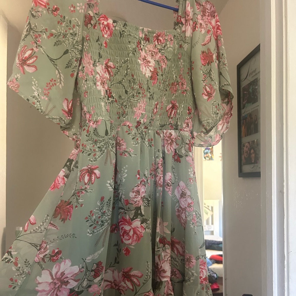 Floral Green Dress with Pink and White Accents